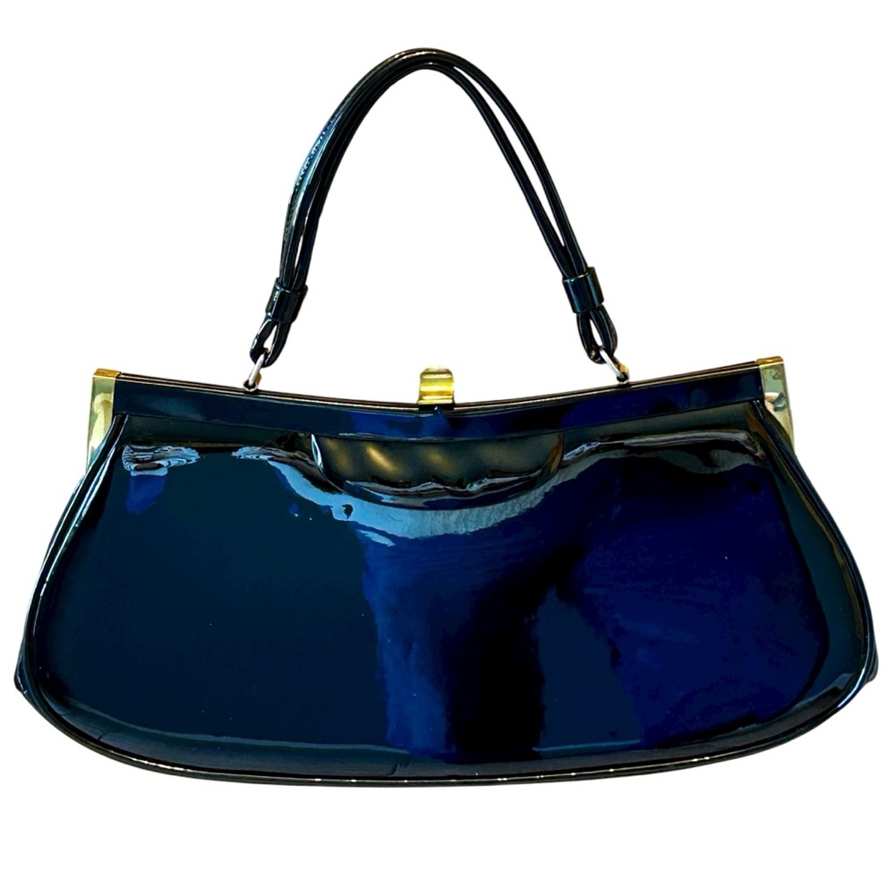Vintage Garay Black Faux Patent Leather Handbag Gold Trim & Clasp